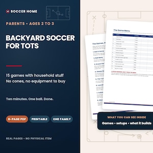 Pu&ograve; includere: Una guida PDF stampabile di 8 pagine intitolata Backyard Soccer for Tots, pensata per i genitori di bambini dai 2 ai 3 anni. Il documento presenta 15 giochi di calcio che utilizzano oggetti domestici, una tabella di menu e istruzioni.