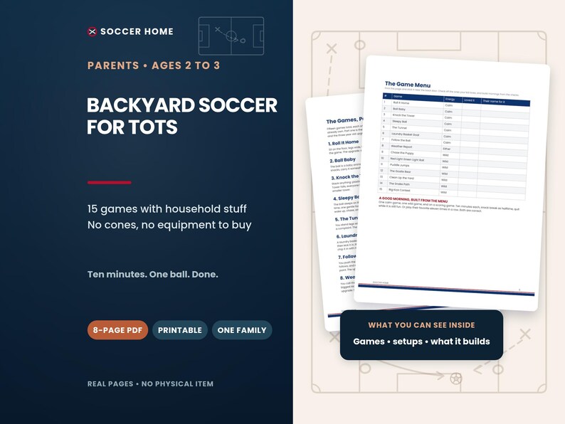 Pu&ograve; includere: Una guida PDF stampabile di 8 pagine intitolata Backyard Soccer for Tots, pensata per i genitori di bambini dai 2 ai 3 anni. Il documento presenta 15 giochi di calcio che utilizzano oggetti domestici, una tabella di menu e istruzioni.