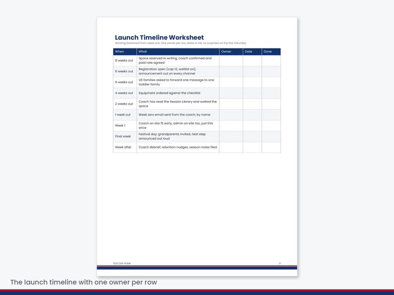 Pu&ograve; includere: Un foglio di lavoro per la pianificazione del lancio con una tabella dall'intestazione blu scuro e colonne etichettate When, What, Owner, Date e Done. Le righe elencano le attivit&agrave; da 8 weeks out alla settimana successiva, con SOCCER HOME in basso.