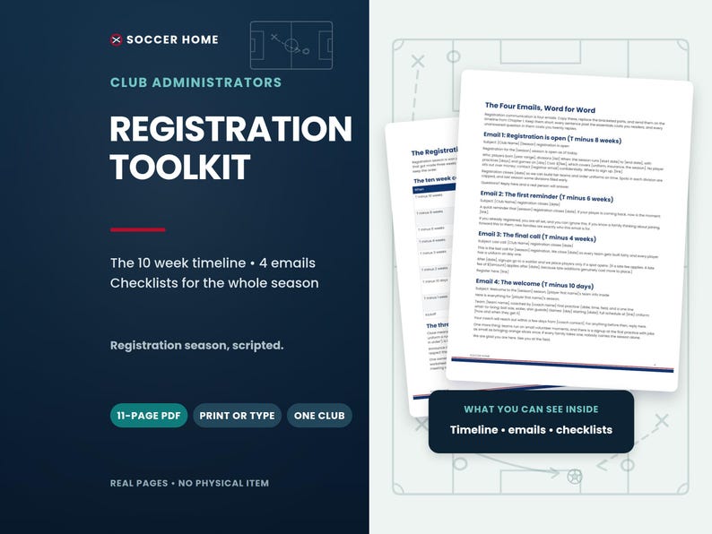 K&ouml;nnte beinhalten: Ein digitales Registrierungs-Toolkit f&uuml;r Fu&szlig;ballvereinsadministratoren, bestehend aus einem 11-seitigen PDF-Dokument. Der Text enth&auml;lt Registration Toolkit, The Four Emails, Word for Word und einen 10-Wochen-Zeitplan. Es ist eine digitale Datei.