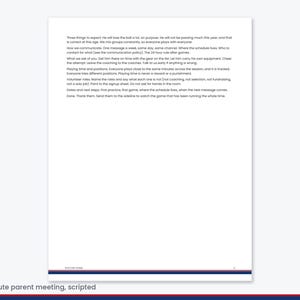Puede incluir: Un documento blanco titulado Soccer Home con texto negro que describe las expectativas de la reuni&oacute;n de padres, incluyendo pol&iacute;ticas de comunicaci&oacute;n, responsabilidades de equipo, tiempo de juego y roles de voluntariado.