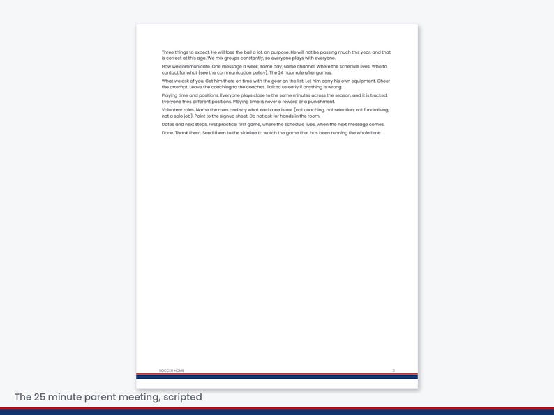 Puede incluir: Un documento blanco titulado Soccer Home con texto negro que describe las expectativas de la reuni&oacute;n de padres, incluyendo pol&iacute;ticas de comunicaci&oacute;n, responsabilidades de equipo, tiempo de juego y roles de voluntariado.