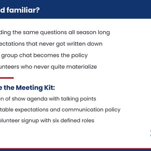 May include: A white informational document titled Sound familiar? with red x-bullet points listing common organizational challenges. Below, the section Inside the Meeting Kit uses red check-mark bullets to list three included resources and a small crest logo.