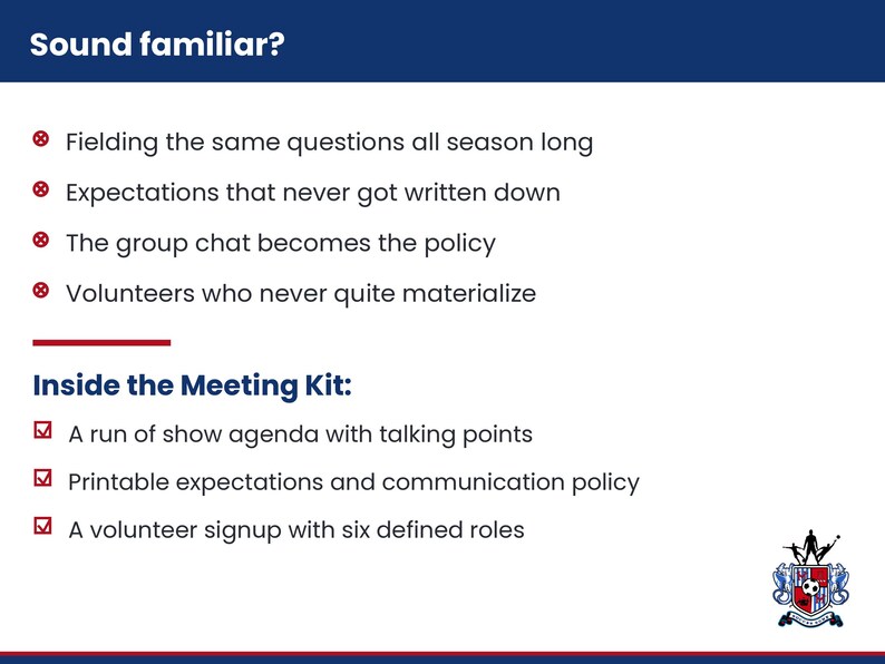 May include: A white informational document titled Sound familiar? with red x-bullet points listing common organizational challenges. Below, the section Inside the Meeting Kit uses red check-mark bullets to list three included resources and a small crest logo.
