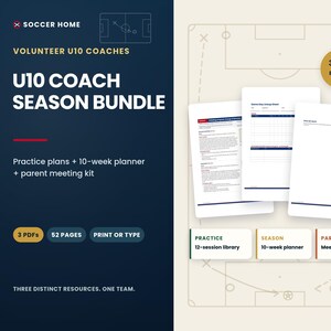 Puede incluir: Un paquete de temporada para entrenadores U10 que incluye tres documentos PDF con un total de 52 p&aacute;ginas. El conjunto contiene una biblioteca de 12 sesiones de pr&aacute;ctica, un planificador de temporada de 10 semanas y un kit de reuni&oacute;n para padres.