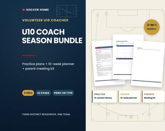 Paquete para entrenadores de fútbol sub-10, planes de entrenamiento, planificación de la temporada y kits para reuniones de padres.