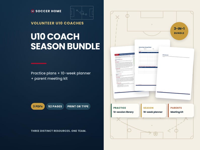 Puede incluir: Un paquete de temporada para entrenadores U10 que incluye tres documentos PDF con un total de 52 p&aacute;ginas. El conjunto contiene una biblioteca de 12 sesiones de pr&aacute;ctica, un planificador de temporada de 10 semanas y un kit de reuni&oacute;n para padres.