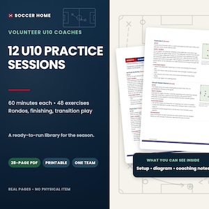 K&ouml;nnte beinhalten: Ein 28-seitiges digitales PDF-Dokument mit dem Titel Soccer Home Volunteer U10 Coaches 12 U10 Practice Sessions. Es enth&auml;lt 48 &Uuml;bungen zu Rondos, Torabschluss und Umschaltspiel, inklusive gedruckter Diagramme, Aufbauanleitungen und Trainerhinweisen.