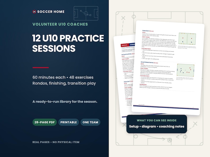 K&ouml;nnte beinhalten: Ein 28-seitiges digitales PDF-Dokument mit dem Titel Soccer Home Volunteer U10 Coaches 12 U10 Practice Sessions. Es enth&auml;lt 48 &Uuml;bungen zu Rondos, Torabschluss und Umschaltspiel, inklusive gedruckter Diagramme, Aufbauanleitungen und Trainerhinweisen.