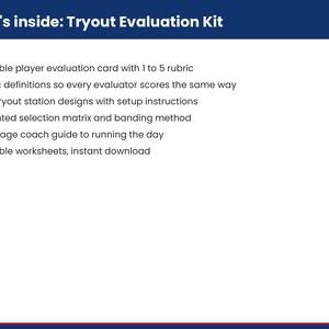 Pu&ograve; includere: Un documento Tryout Evaluation Kit con intestazione blu scuro e testo bianco. L'elenco include una scheda di valutazione del giocatore stampabile con rubrica da 1 a 5, definizioni, quattro design di stazioni, una matrice di selezione ponderata, una guida per l'allenatore e fogli di lavoro stampabili.