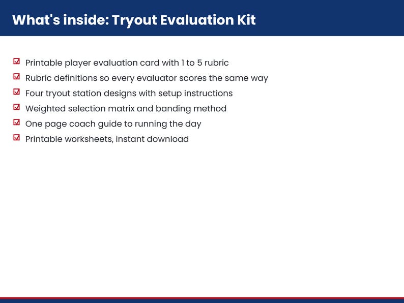 Pu&ograve; includere: Un documento Tryout Evaluation Kit con intestazione blu scuro e testo bianco. L'elenco include una scheda di valutazione del giocatore stampabile con rubrica da 1 a 5, definizioni, quattro design di stazioni, una matrice di selezione ponderata, una guida per l'allenatore e fogli di lavoro stampabili.
