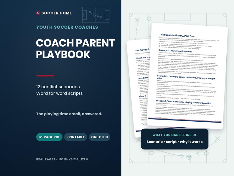 May include: A digital Coach Parent Playbook for youth soccer coaches, featuring 12 conflict scenarios and word-for-word scripts in a 12-page PDF. The document includes sections on the scenario library, playing time emails, and coaching strategies.