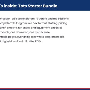 Pu&ograve; includere: Un documento digitale intitolato What's inside: Tots Starter Bundle. Elenca sei elementi: la libreria completa di sessioni Tots con 10 sessioni, il programma completo Tots in a Box, una cronologia di lancio, due prodotti, 34 pagine stampabili e file PDF.