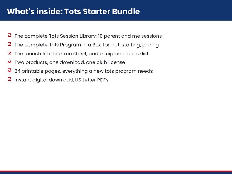 Pu&ograve; includere: Un documento digitale intitolato What's inside: Tots Starter Bundle. Elenca sei elementi: la libreria completa di sessioni Tots con 10 sessioni, il programma completo Tots in a Box, una cronologia di lancio, due prodotti, 34 pagine stampabili e file PDF.