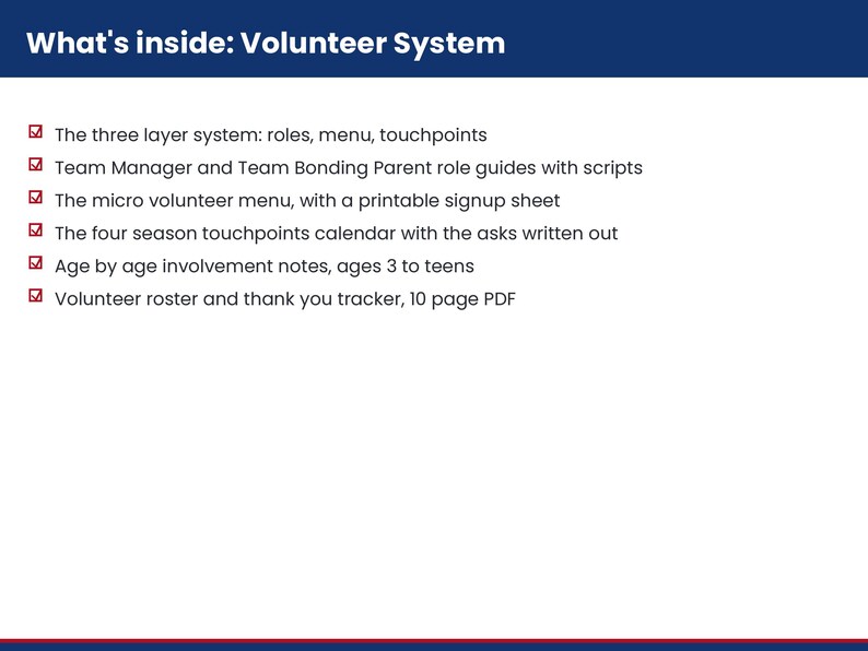 Pu&ograve; includere: Un documento informativo bianco intitolato What's inside: Volunteer System con un'intestazione blu scuro. Elenca sei punti con segni di spunta rossi che descrivono un sistema a tre livelli, guide ai ruoli, un menu di micro-volontariato, un calendario delle quattro stagioni, note per et&agrave; e un PDF di 10 pagine per il registro dei volontari e i ringraziamenti.