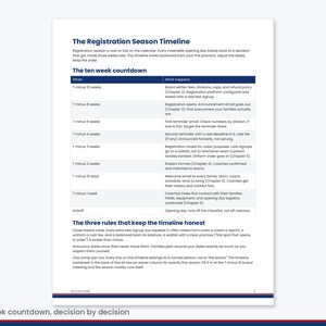 K&ouml;nnte beinhalten: Ein wei&szlig;es Dokument mit dem Titel The Registration Season Timeline, das eine zehnw&ouml;chige Countdown-Tabelle enth&auml;lt. Der Text beschreibt administrative Schritte von T minus 10 Wochen bis zum Kickoff, gefolgt von drei Regeln f&uuml;r den Zeitplan.