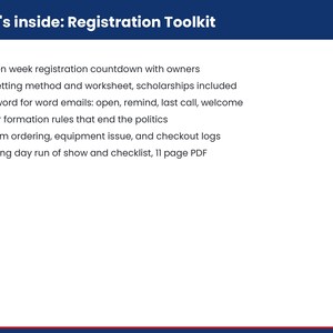K&ouml;nnte beinhalten: Ein digitales Dokument mit dem Titel What's inside: Registration Toolkit. Es listet sechs Punkte mit roten H&auml;kchen auf: zehenw&ouml;chiger Countdown, Geb&uuml;hrenfestlegungsmethode, vier E-Mail-Vorlagen, Regeln zur Kaderbildung, Ausr&uuml;stungsprotokolle und ein 11-seitiges PDF.