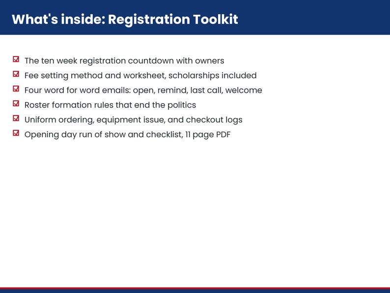 K&ouml;nnte beinhalten: Ein digitales Dokument mit dem Titel What's inside: Registration Toolkit. Es listet sechs Punkte mit roten H&auml;kchen auf: zehenw&ouml;chiger Countdown, Geb&uuml;hrenfestlegungsmethode, vier E-Mail-Vorlagen, Regeln zur Kaderbildung, Ausr&uuml;stungsprotokolle und ein 11-seitiges PDF.