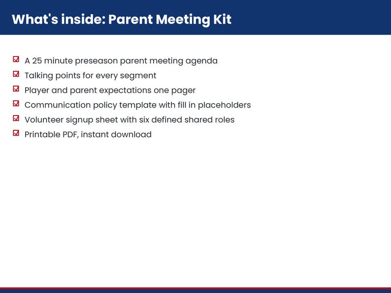 May include: A Parent Meeting Kit document featuring a list of contents: a 25 minute preseason parent meeting agenda, talking points, player and parent expectations one pager, communication policy template, volunteer signup sheet, and printable PDF.