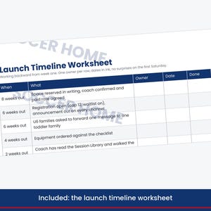 May include: A white Launch Timeline Worksheet with dark blue headers. The table includes columns for When, What, Owner, Date, and Done. Rows list tasks from 8 weeks out to 2 weeks out, including space reservation, registration, and equipment ordering.
