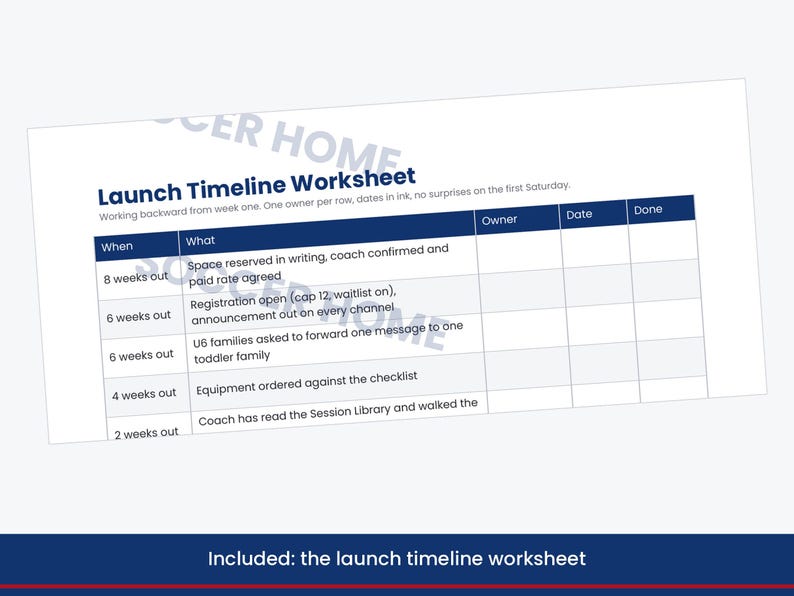 May include: A white Launch Timeline Worksheet with dark blue headers. The table includes columns for When, What, Owner, Date, and Done. Rows list tasks from 8 weeks out to 2 weeks out, including space reservation, registration, and equipment ordering.