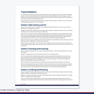 Pu&ograve; includere: Un documento intitolato Tryout Stations che descrive esercizi di allenamento di calcio. Delinea tre stazioni: Ball mastery and 1v1, Passing and receiving e Striking and finishing. Il testo fornisce configurazione, diagrammi e istruzioni.