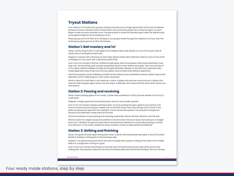 Pu&ograve; includere: Un documento intitolato Tryout Stations che descrive esercizi di allenamento di calcio. Delinea tre stazioni: Ball mastery and 1v1, Passing and receiving e Striking and finishing. Il testo fornisce configurazione, diagrammi e istruzioni.