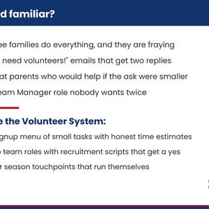 Pu&ograve; includere: Un grafico informativo bianco con un'intestazione blu scuro che recita Sound familiar? seguito da quattro punti elenco con icone x rosse e una sezione intitolata Inside the Volunteer System: con tre punti elenco con icone di spunta rosse.