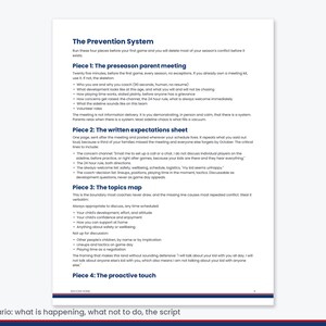 May include: A white document titled The Prevention System, outlining four coaching strategies: the preseason parent meeting, the written expectations sheet, the topics map, and the proactive touch. The text provides detailed guidelines for managing team dynamics, parent communication, and coaching boundaries.