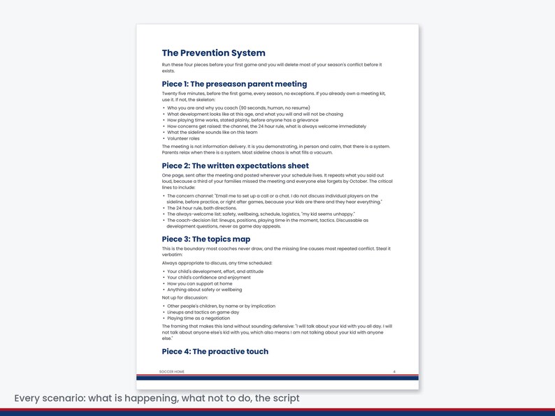 May include: A white document titled The Prevention System, outlining four coaching strategies: the preseason parent meeting, the written expectations sheet, the topics map, and the proactive touch. The text provides detailed guidelines for managing team dynamics, parent communication, and coaching boundaries.