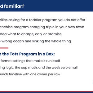 May include: A white informational graphic with blue headers titled Sound familiar? and Inside the Tots Program in a Box. It lists challenges with red X icons and solutions with red checkmark icons, including a small logo in the bottom right corner.