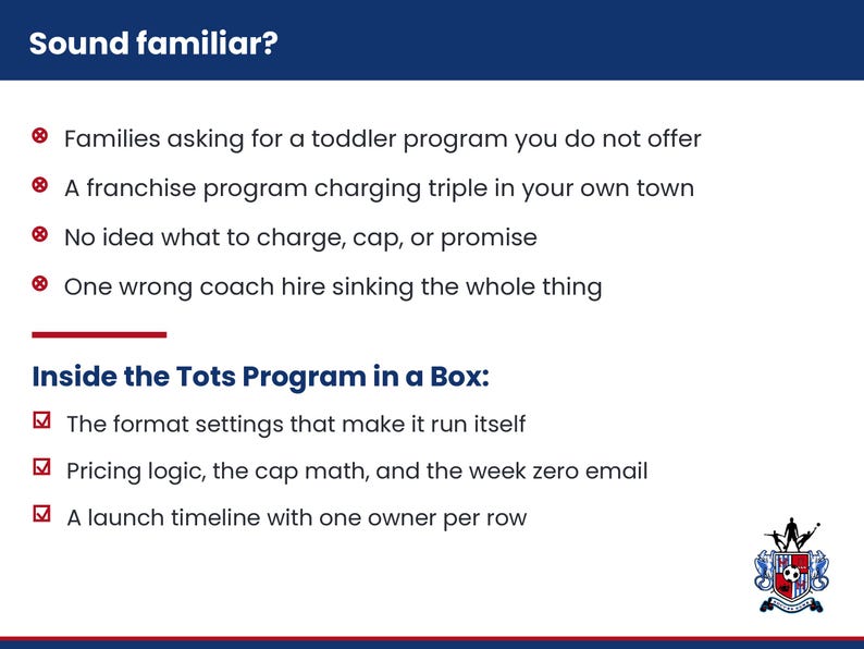 May include: A white informational graphic with blue headers titled Sound familiar? and Inside the Tots Program in a Box. It lists challenges with red X icons and solutions with red checkmark icons, including a small logo in the bottom right corner.