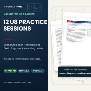 May include: A digital 28-page PDF document titled 12 U8 Practice Sessions for volunteer football coaches. It includes 48 exercises, field diagrams, and coaching points, with each session lasting 60 minutes. The document is printable and for one team.