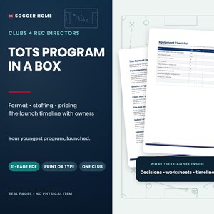 May include: An 11-page digital PDF document titled Tots Program in a Box for soccer clubs and recreation directors. The document includes an equipment checklist, session length guidelines, and a launch timeline. It is a printable resource.