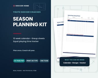 Fußball-Saisonplanungsset, 10-Wochen-Kalender, Aufstellungsbögen, Spielzeit-Tracker