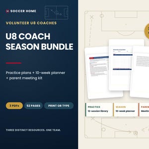 Puede incluir: Un paquete de recursos digitales para entrenadores U8 que incluye tres PDF con un total de 52 p&aacute;ginas. El gr&aacute;fico azul oscuro y crema incluye el texto: Soccer Home, Volunteer U8 Coaches, U8 Coach Season Bundle, Practice plans + 10-week planner + parent meeting kit, 3 PDFs, 52 pages, Print or type, Three distinct resources. One team.