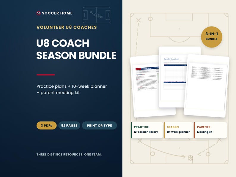 Puede incluir: Un paquete de recursos digitales para entrenadores U8 que incluye tres PDF con un total de 52 p&aacute;ginas. El gr&aacute;fico azul oscuro y crema incluye el texto: Soccer Home, Volunteer U8 Coaches, U8 Coach Season Bundle, Practice plans + 10-week planner + parent meeting kit, 3 PDFs, 52 pages, Print or type, Three distinct resources. One team.