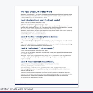K&ouml;nnte beinhalten: Ein Dokument mit dem Titel The Four Emails, Word for Word, das Vorlagen f&uuml;r vier Registrierungs-E-Mails enth&auml;lt. Der Text beschreibt Kommunikationszeitpl&auml;ne f&uuml;r Sportvereine, einschlie&szlig;lich Betreffzeilen und Platzhaltern f&uuml;r Details.