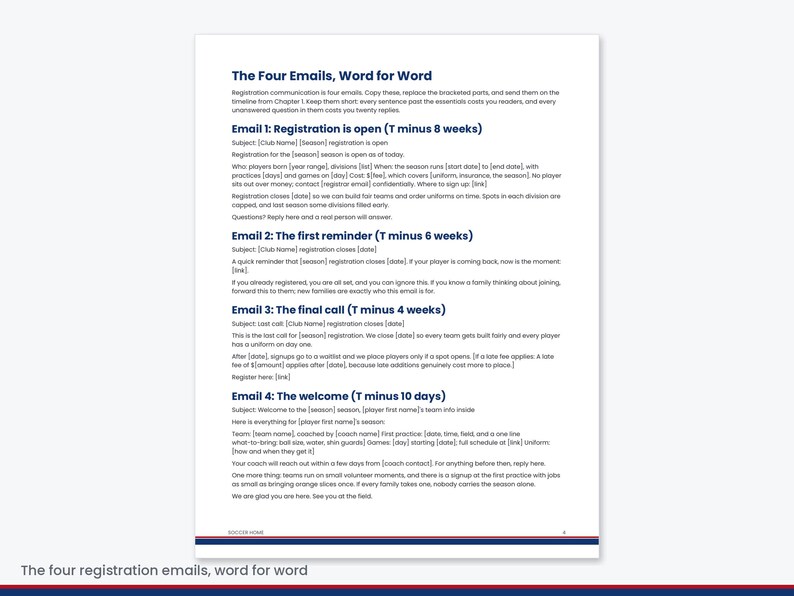 K&ouml;nnte beinhalten: Ein Dokument mit dem Titel The Four Emails, Word for Word, das Vorlagen f&uuml;r vier Registrierungs-E-Mails enth&auml;lt. Der Text beschreibt Kommunikationszeitpl&auml;ne f&uuml;r Sportvereine, einschlie&szlig;lich Betreffzeilen und Platzhaltern f&uuml;r Details.