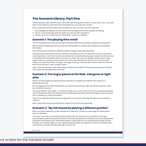 May include: A document titled The Scenario Library, Part One, featuring text in dark blue and black. It outlines three coaching scenarios: the playing time email, the angry parent at the field, and a child playing a different position.