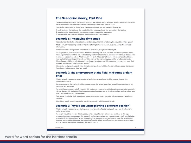 May include: A document titled The Scenario Library, Part One, featuring text in dark blue and black. It outlines three coaching scenarios: the playing time email, the angry parent at the field, and a child playing a different position.