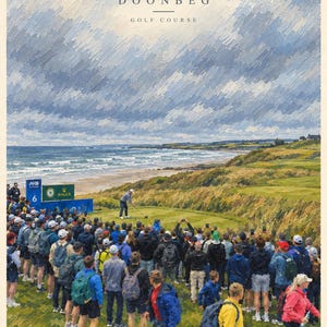 May include: An impressionistic painting of the Doonbeg Golf Course featuring a golfer on a tee box overlooking the ocean. A large crowd of spectators stands on a grassy hill in the foreground. The sky is filled with textured blue and white clouds.
