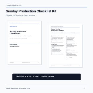 Op de afbeelding: Een digitale zondagsproductie checklist kit met een printbare PDF en bewerkbaar Canva-sjabloon. Het document bevat een titelpagina en een Master Sunday Production Checklist met selectievakjes voor audio-, video- en livestreamtaken.