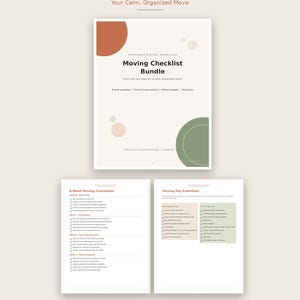 Könnte beinhalten: Ein druckbares digitales Umzugs-Checklisten-Paket mit einem Deckblatt mit abstrakten Kreisen in Terrakotta, Salbeigrün und Creme sowie zwei Innenseiten, die einen 8-Wochen-Countdown und eine Liste der wichtigsten Umzugsutensilien zeigen.