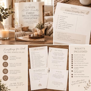 Peut inclure: Un guide de défi de désencombrement familial de 12 semaines adapté au TDAH comprenant une page de couverture avec un salon, une liste de contrôle pour la cuisine, une table des matières, une page de démarrage et une liste des éléments inclus.