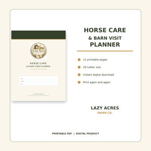 Könnte beinhalten: Ein digitaler Horse Care & Barn Visit Planner von Lazy Acres Paper Co. Das cremefarbene Dokument hat eine dunkelgrüne Kopfzeile, ein kreisförmiges Logo und Zeilen für Name, Pferd und Datum. Text enthält 11 druckbare Seiten und US-Letter-Format.