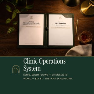 May include: A dark green leather folder containing two white documents titled Operations Playbook and SOP Template, featuring a gold pen, a glass of amber liquid, and a green plant on a dark wooden desk surface with text below.
