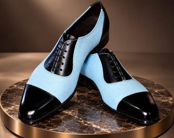 Scarpe Oxford in pelle bicolore fatte a mano, scarpe eleganti con punta rinforzata azzurre e nere