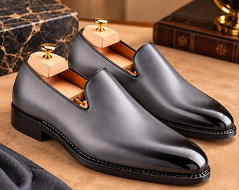 Handmade Grey Leather Loafers for Men, Luxury Slip-On Dress Shoes, Elegant Formal Footwear