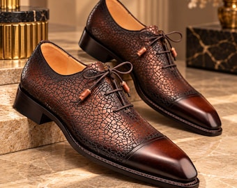 Zapatos Oxford de cuero marrón craquelado hechos a mano para hombre, calzado formal personalizado, regalo para él.